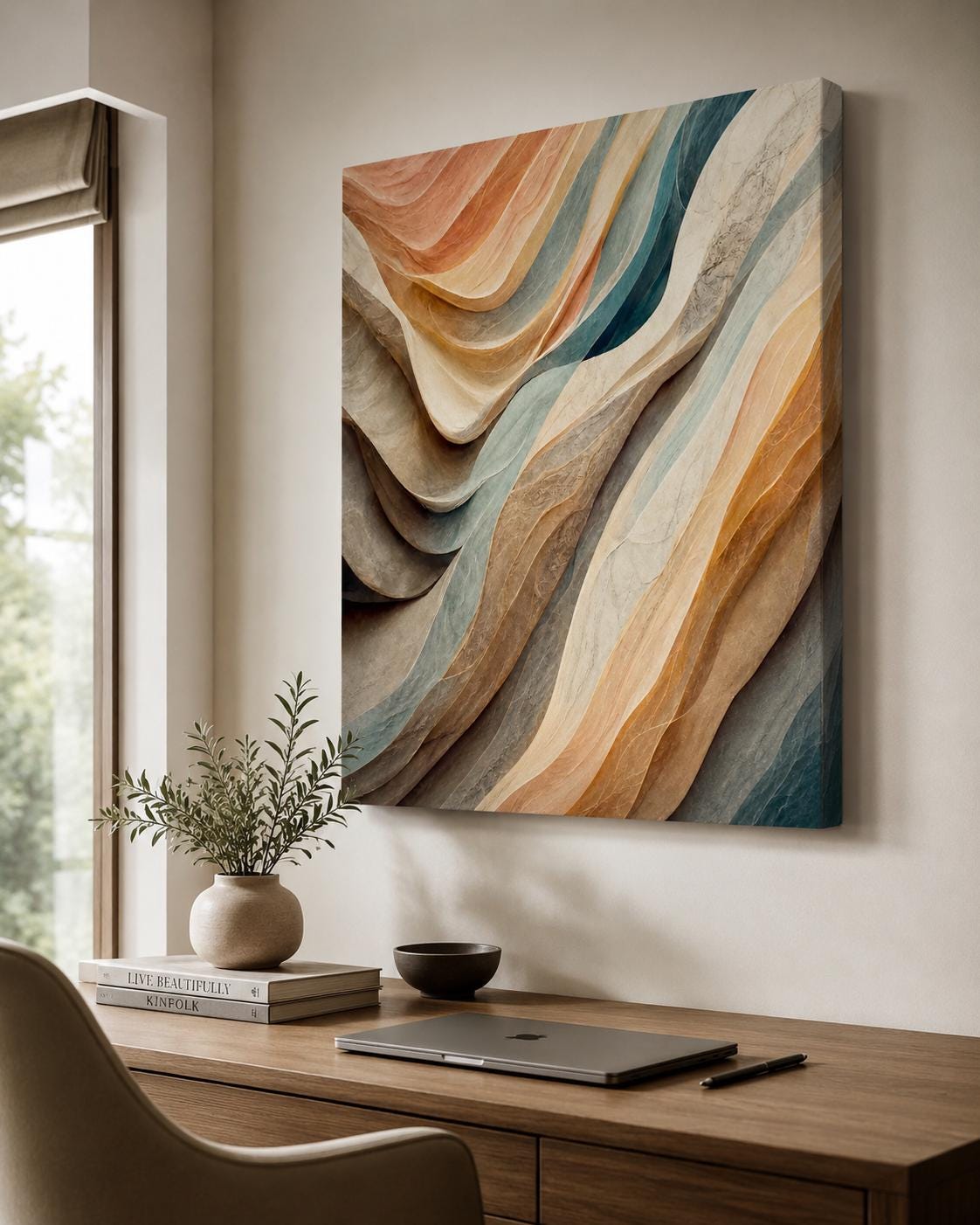 Quadro astratto materico beige, terracotta e azzurro: vista 4 del prodotto