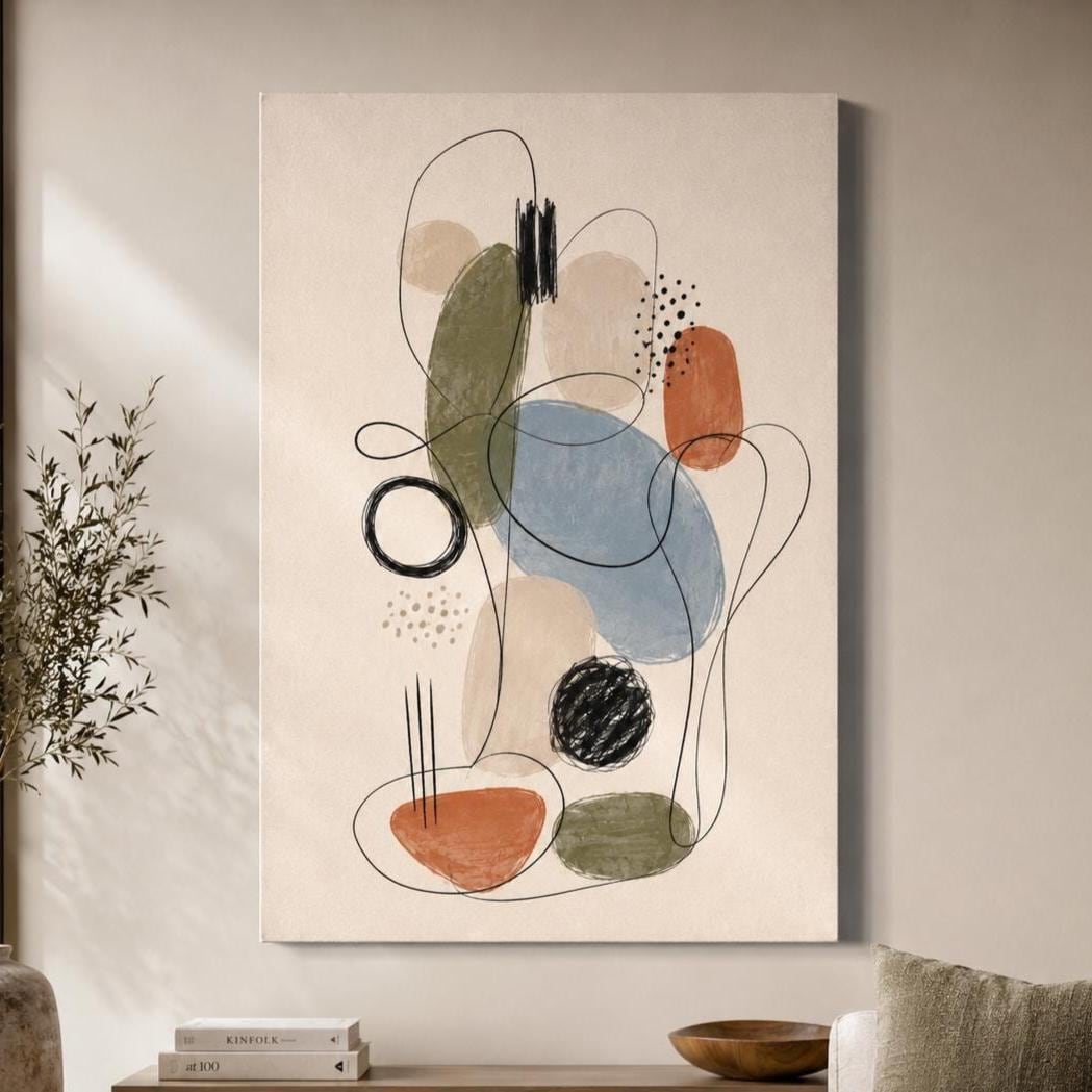 Quadro astratto line art beige, blu e terracotta: stampa artistica da parete