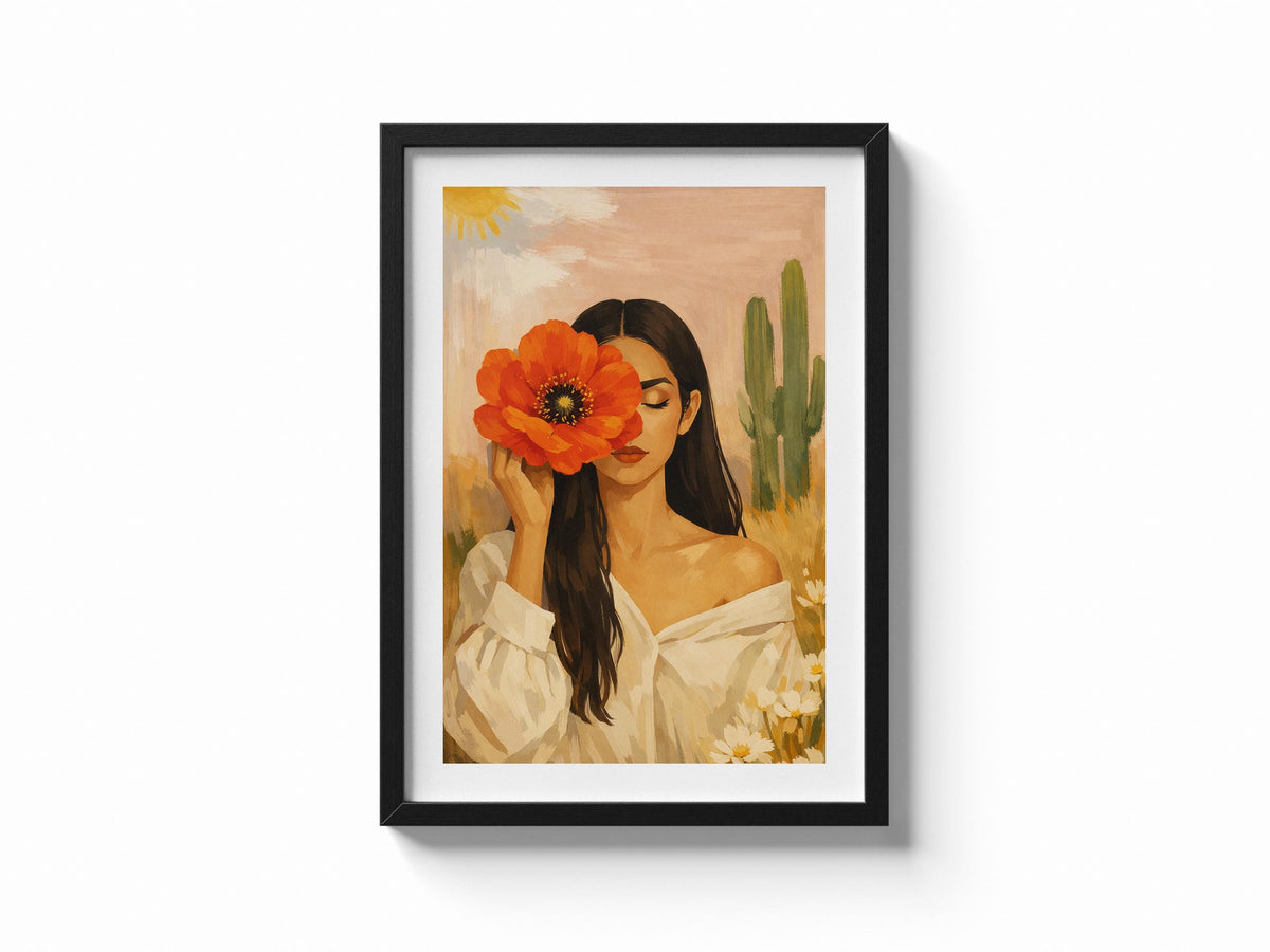 Quadro donna con fiore rosso e cactus: vista 5 del prodotto