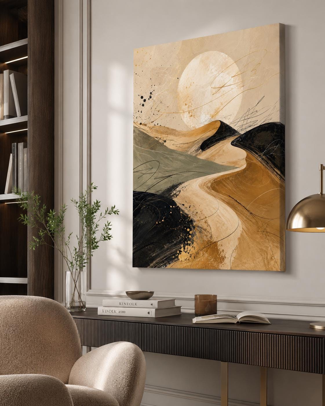 Quadro astratto paesaggio lunare beige e nero: vista 3 del prodotto