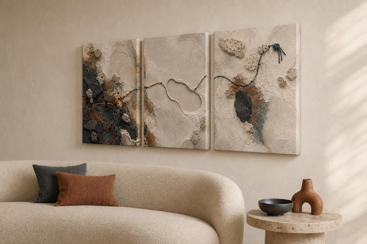 Trittico astratto materico beige e nero – Set di 3 quadri: vista 4 del prodotto
