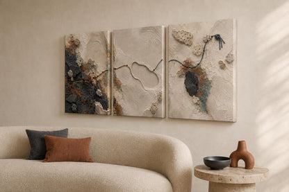 Trittico astratto materico beige e nero – Set di 3 quadri: vista 4 del prodotto