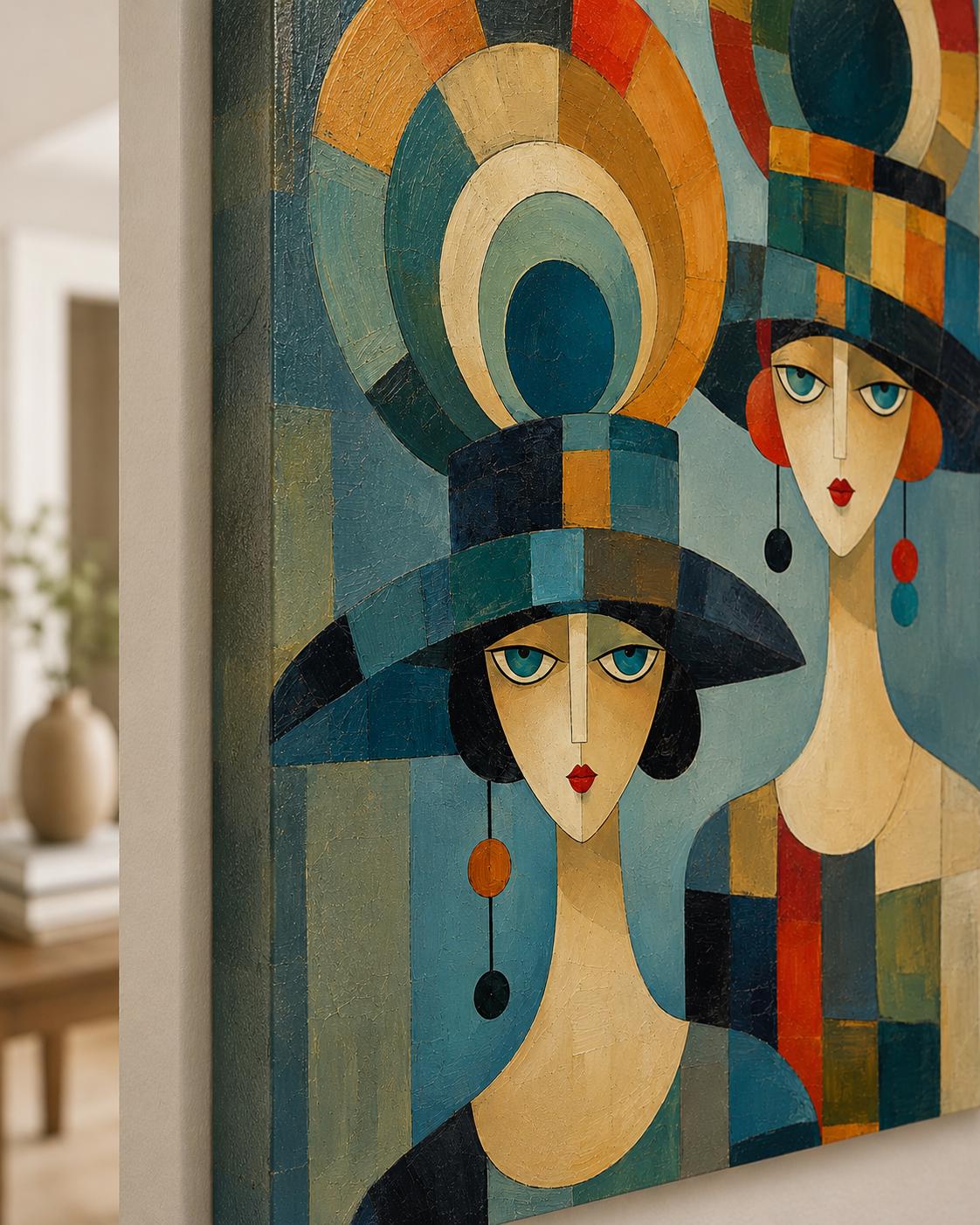Quadro donne con cappelli stile art déco: vista 2 del prodotto