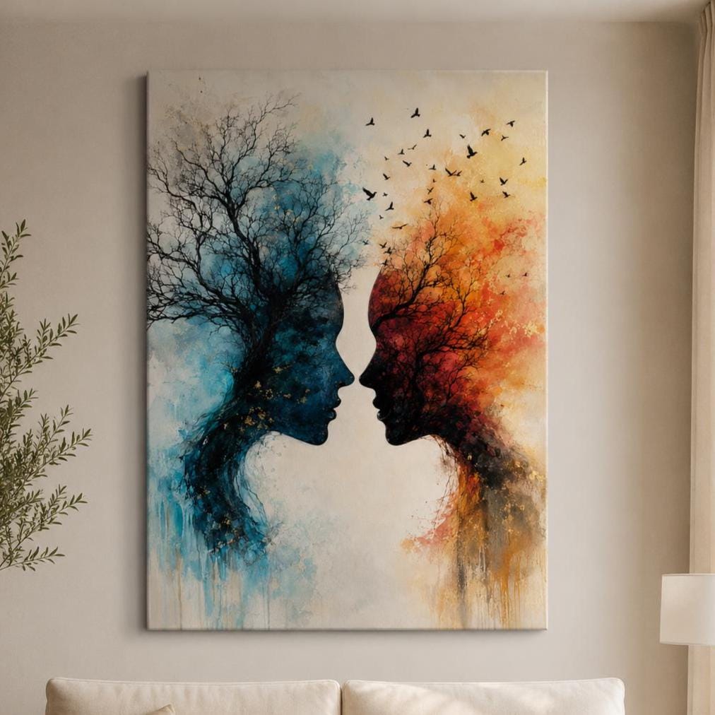 Quadro volti astratti blu e arancio: stampa artistica da parete
