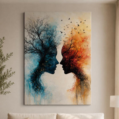 Quadro volti astratti blu e arancio: stampa artistica da parete