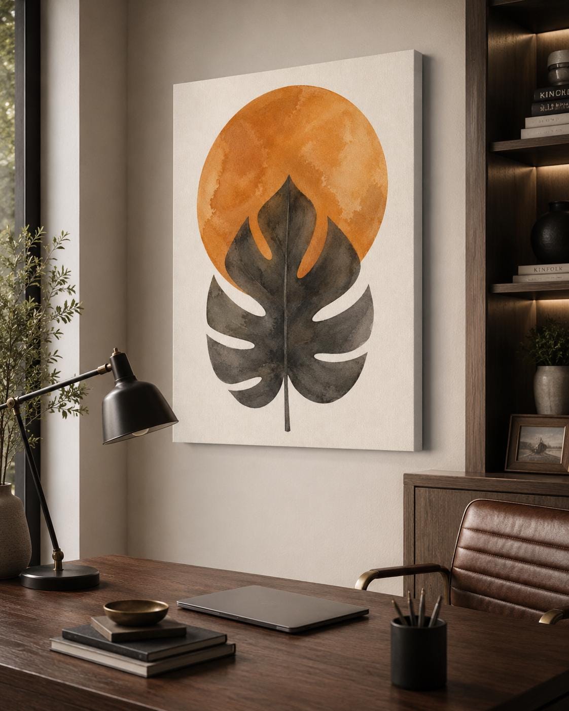 Quadro foglia tropicale con sole terracotta: vista 2 del prodotto