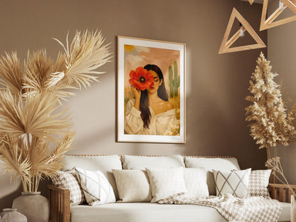 Quadro donna con fiore rosso e cactus: vista 2 del prodotto