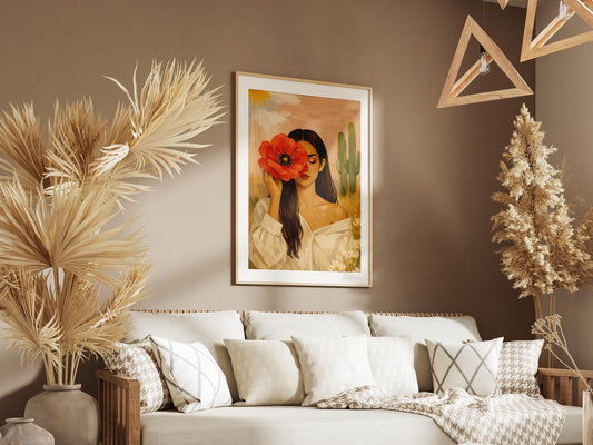 Quadro donna con fiore rosso e cactus: vista 2 del prodotto