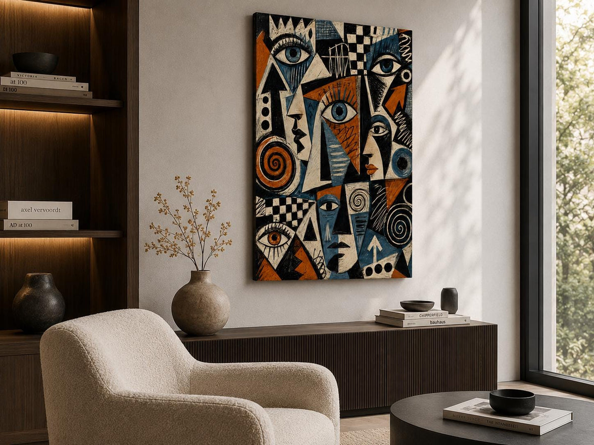 Quadro volti astratti geometrici blu e terracotta: vista 4 del prodotto