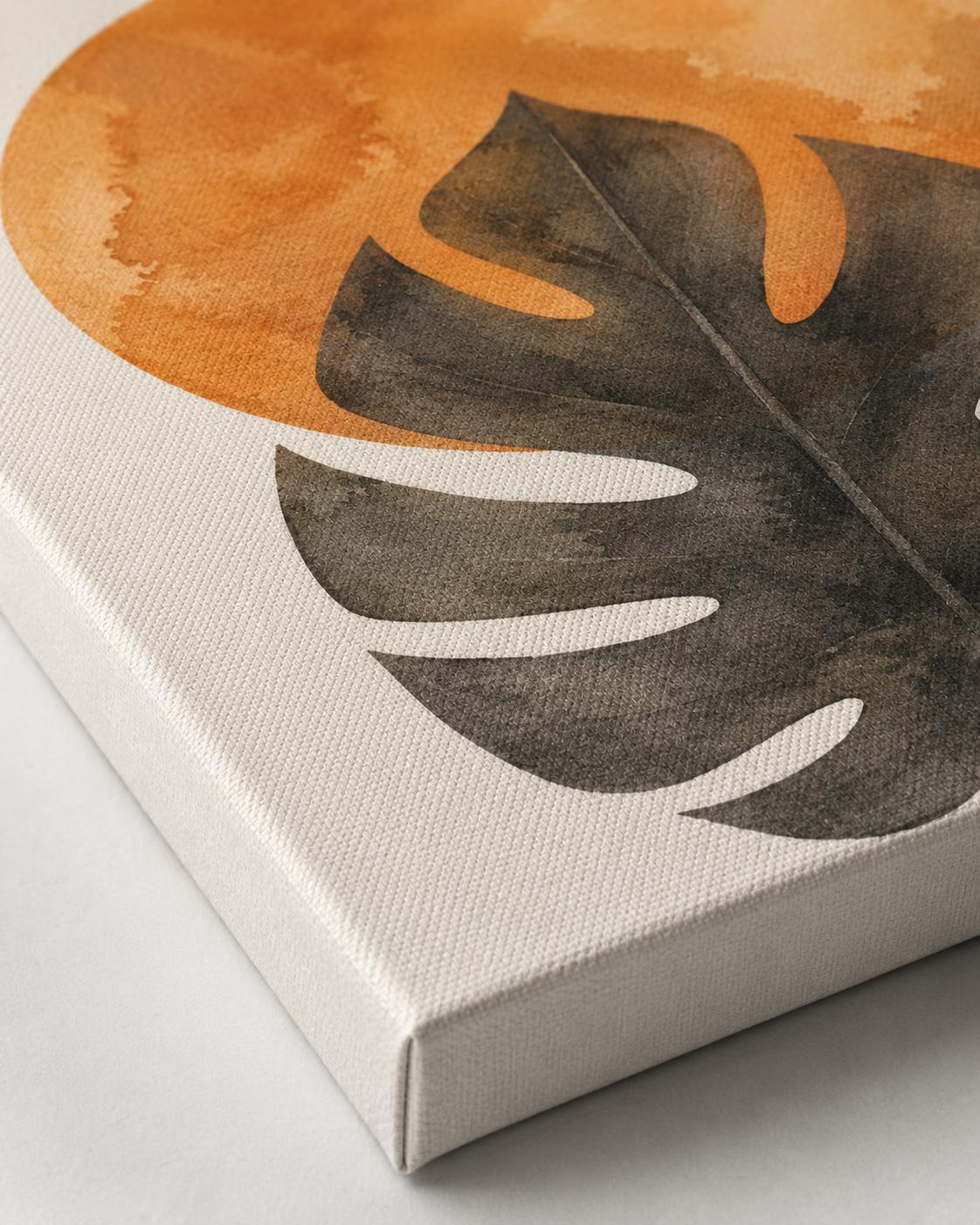 Quadro foglia tropicale con sole terracotta: vista 3 del prodotto