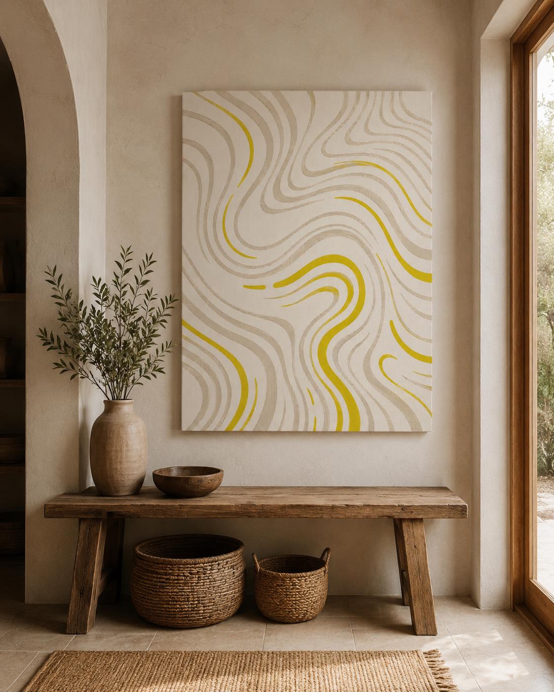 Quadro astratto minimal beige e giallo oro: vista 4 del prodotto