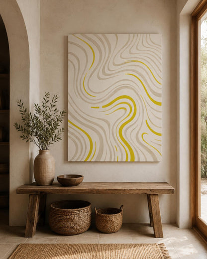 Quadro astratto minimal beige e giallo oro: vista 4 del prodotto