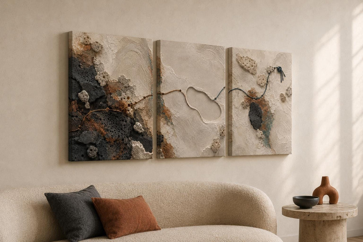 Trittico astratto materico beige e nero – Set di 3 quadri: vista 3 del prodotto