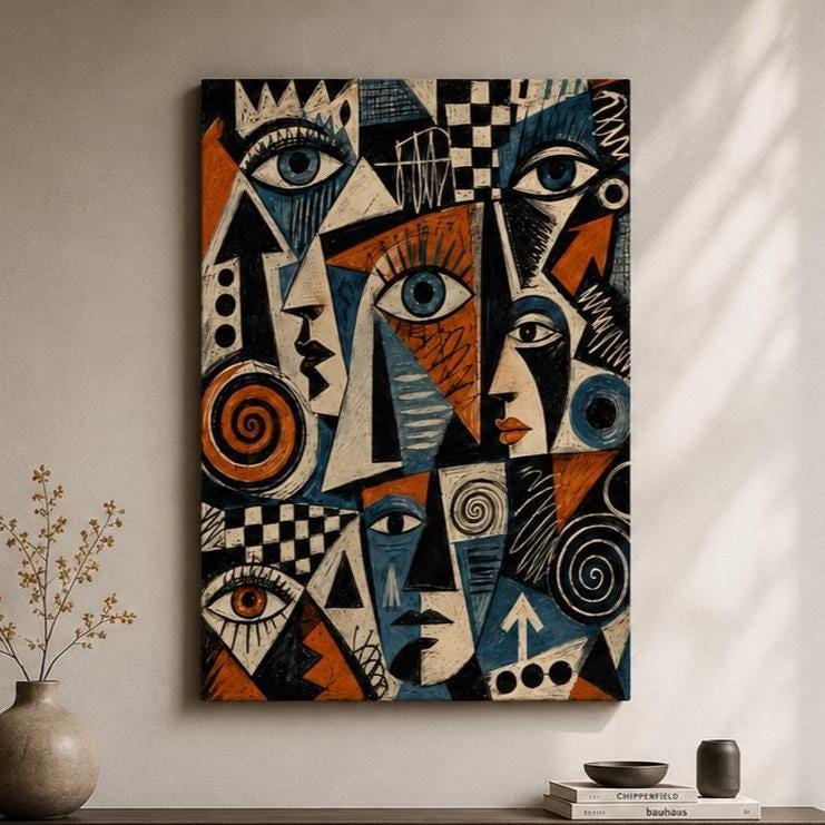 Quadro volti astratti geometrici blu e terracotta: stampa artistica da parete