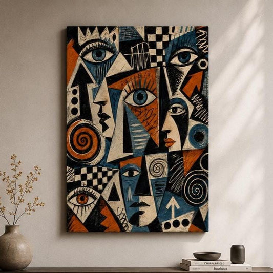 Quadro volti astratti geometrici blu e terracotta: stampa artistica da parete