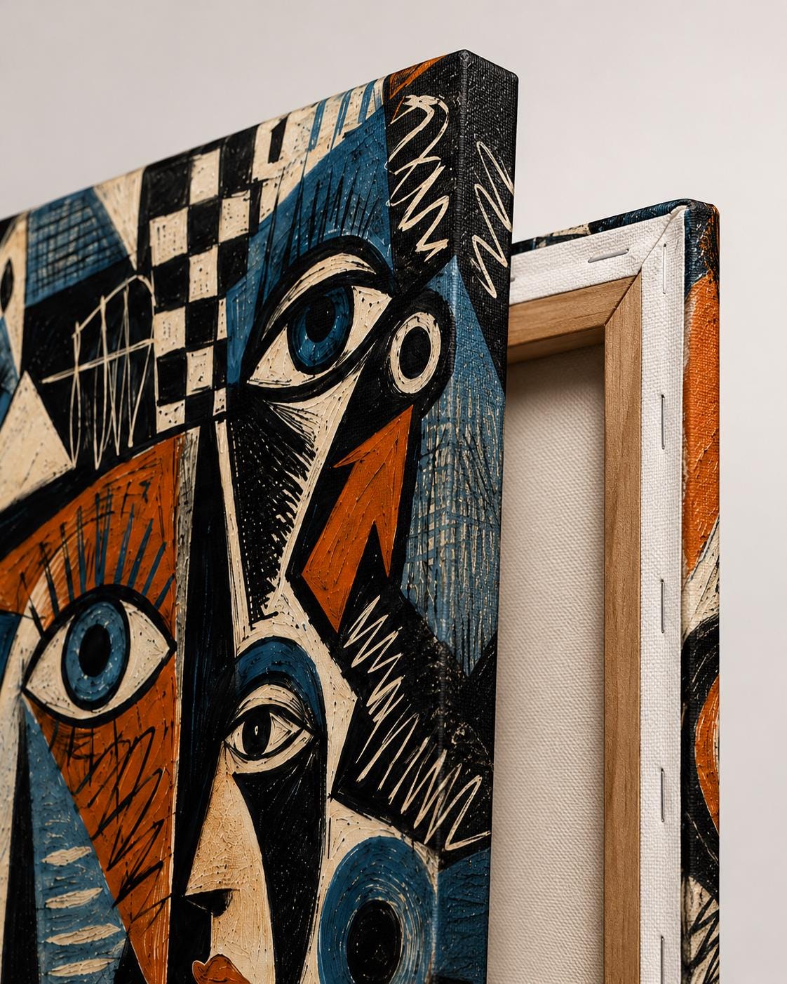 Quadro volti astratti geometrici blu e terracotta: vista 5 del prodotto