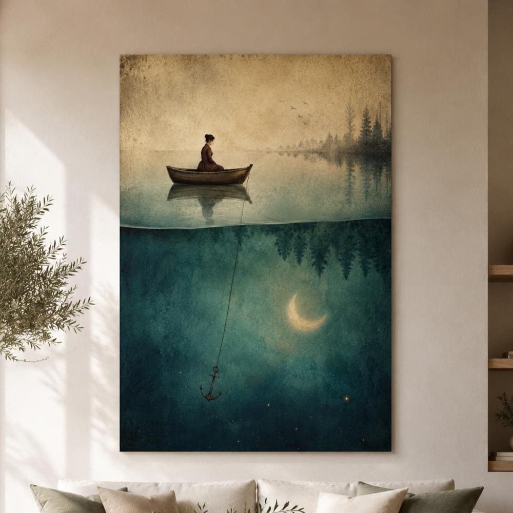 Quadro barca sul lago con luna: stampa artistica da parete