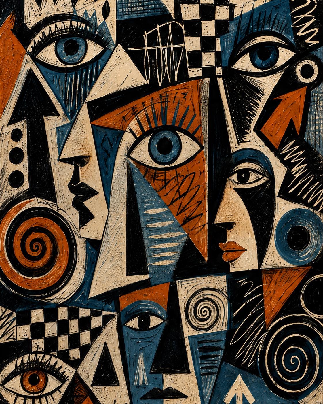 Quadro volti astratti geometrici blu e terracotta: vista 3 del prodotto