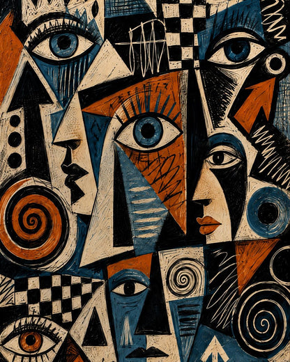 Quadro volti astratti geometrici blu e terracotta: vista 3 del prodotto