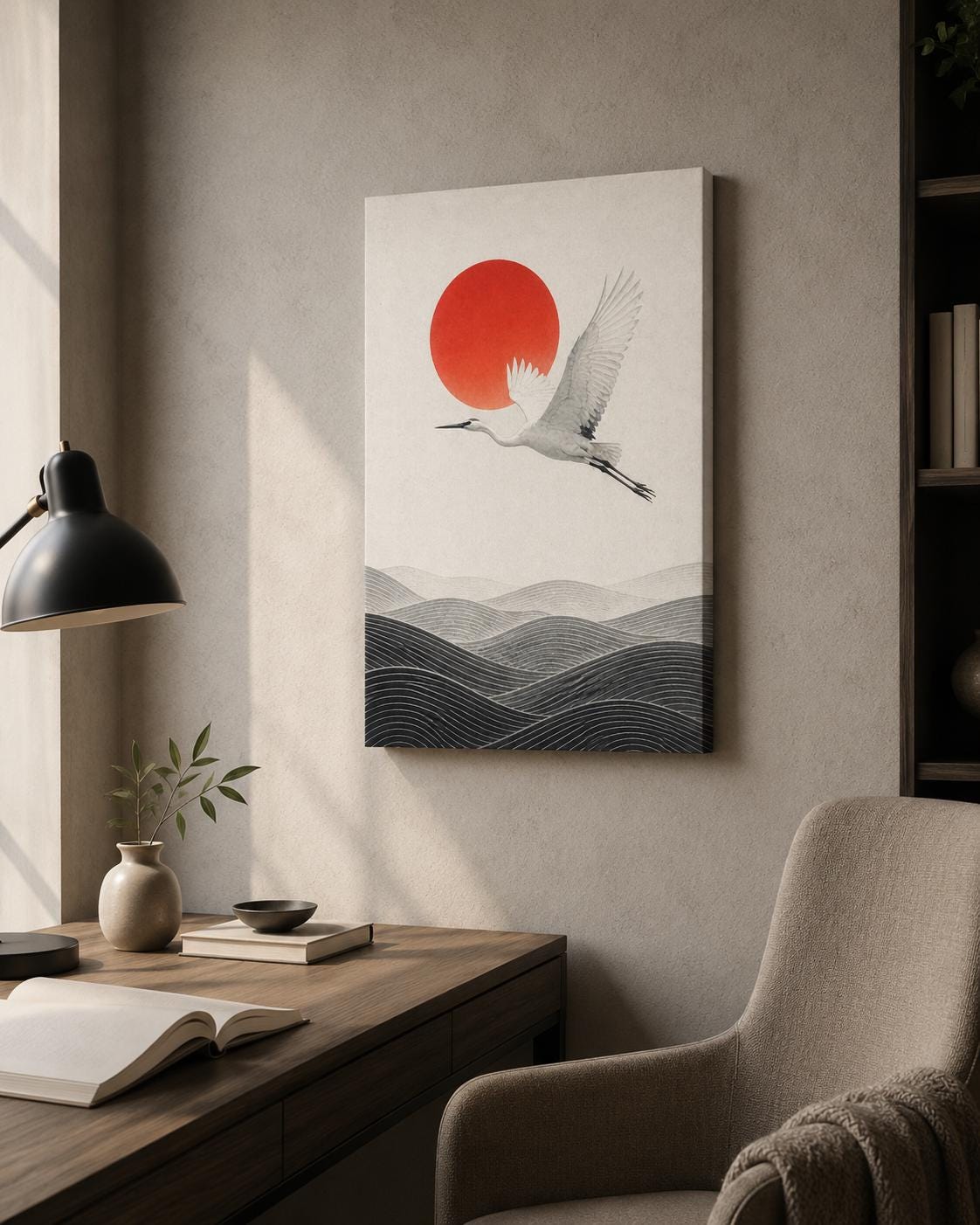Quadro airone bianco con sole rosso: vista 2 del prodotto