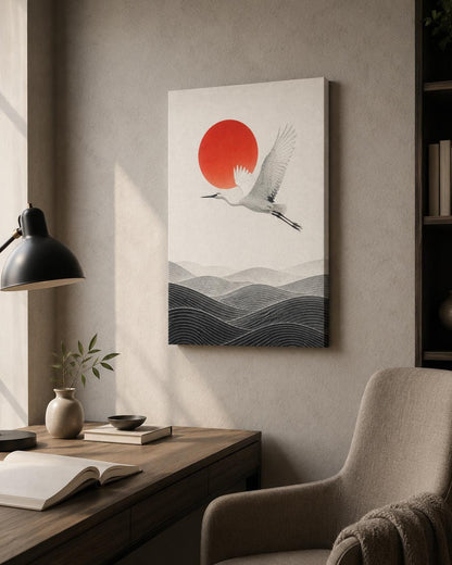 Quadro airone bianco con sole rosso: vista 2 del prodotto