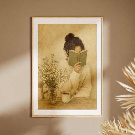 Quadro donna che legge con fiori e tazza: stampa artistica da parete