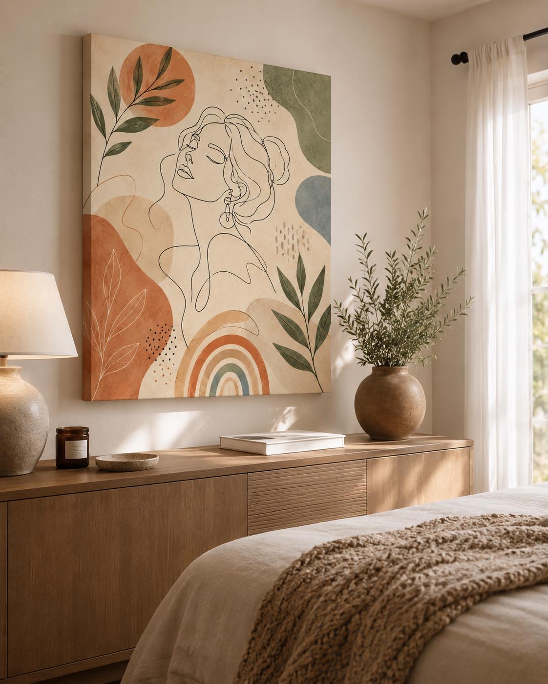 Quadro volto donna line art con foglie: vista 4 del prodotto