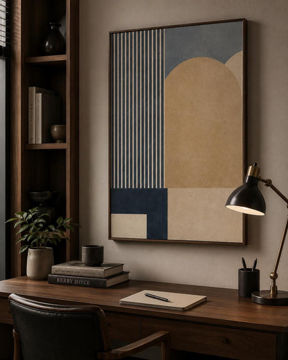 Quadro astratto geometrico blu beige e sabbia: vista 5 del prodotto