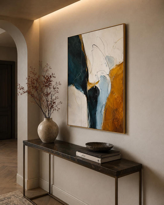 Quadro astratto moderno blu petrolio e ocra: vista 2 del prodotto