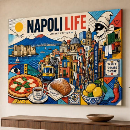 Quadro Napoli Life Pop Art – Vesuvio e Pulcinella: stampa artistica da parete