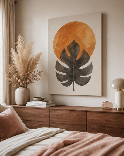 Quadro foglia tropicale con sole terracotta: vista 4 del prodotto