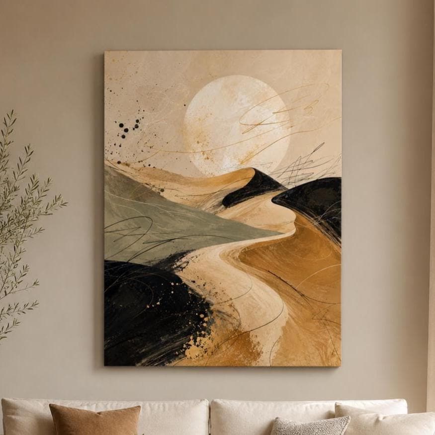 Quadro astratto paesaggio lunare beige e nero: stampa artistica da parete