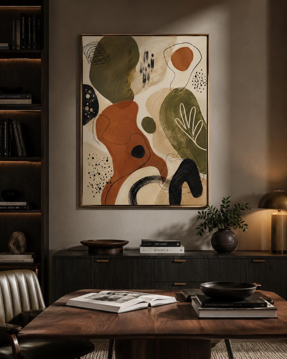 Quadro astratto organico terracotta e verde oliva: vista 5 del prodotto