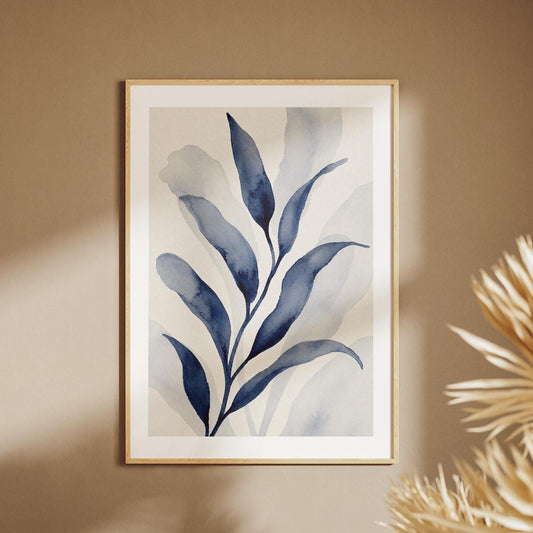 Quadro botanico con foglie blu acquerello: stampa artistica da parete