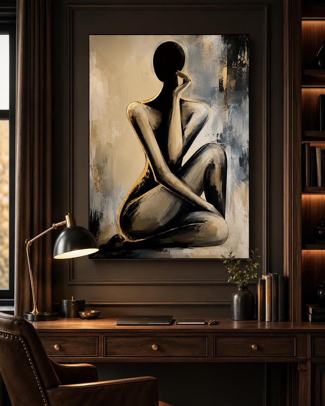 Quadro donna astratta elegante nero e oro: vista 6 del prodotto