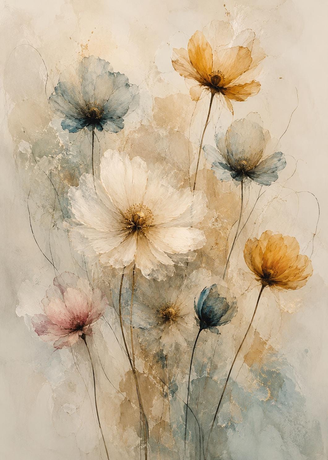 Quadro floreale acquerello beige e azzurro: vista 3 del prodotto