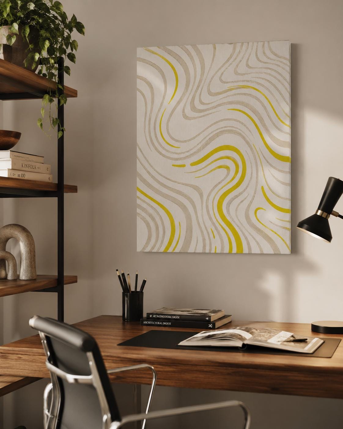 Quadro astratto minimal beige e giallo oro: vista 5 del prodotto