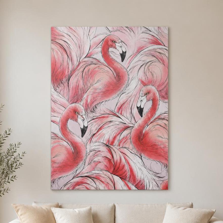 Quadro fenicotteri rosa tropicale: stampa artistica da parete