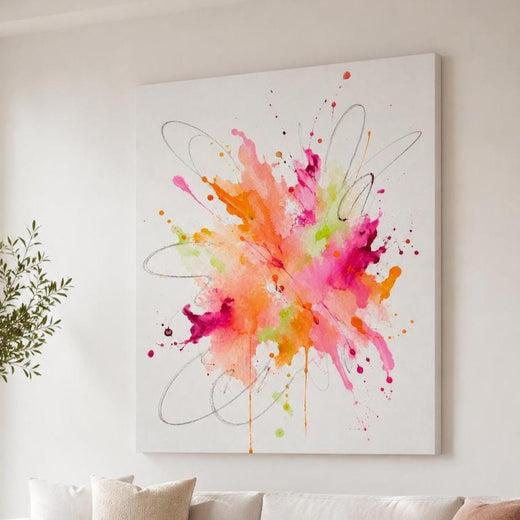 Quadro astratto colorato con schizzi rosa e arancio
