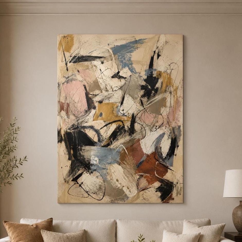 Quadro astratto materico beige, nero e terracotta: stampa artistica da parete