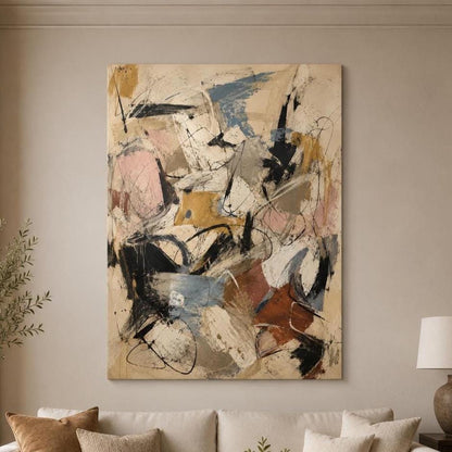 Quadro astratto materico beige, nero e terracotta: stampa artistica da parete