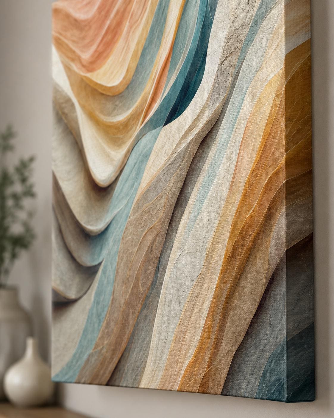 Quadro astratto materico beige, terracotta e azzurro: vista 3 del prodotto