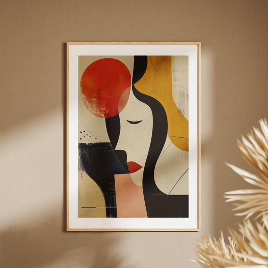 Quadro volto donna astratto rosso e oro: stampa artistica da parete