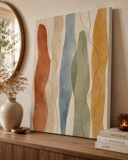 Quadro astratto con onde verticali terracotta, azzurro e verde: vista 4 del prodotto