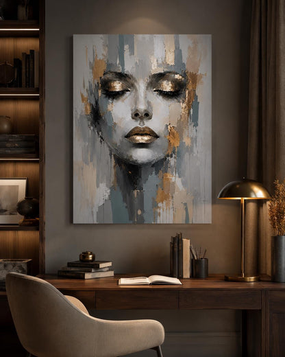 Quadro volto donna astratto grigio e oro: vista 4 del prodotto