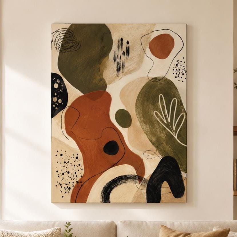 Quadro astratto organico terracotta e verde oliva: stampa artistica da parete
