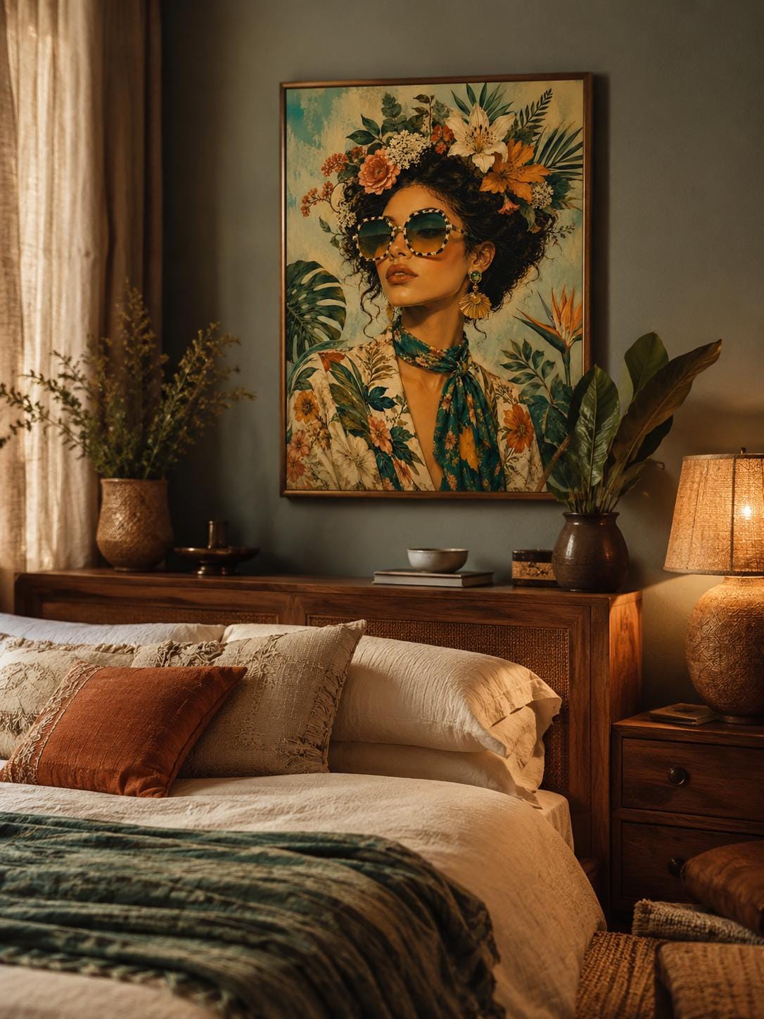 Quadro donna tropicale con fiori e occhiali: vista 6 del prodotto