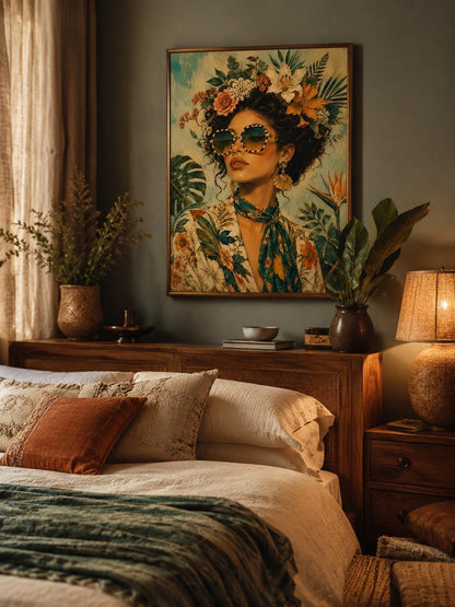 Quadro donna tropicale con fiori e occhiali: vista 6 del prodotto