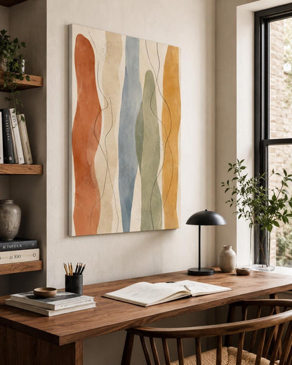 Quadro astratto con onde verticali terracotta, azzurro e verde: vista 2 del prodotto