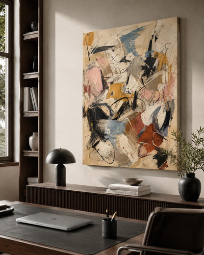 Quadro astratto materico beige, nero e terracotta: vista 2 del prodotto